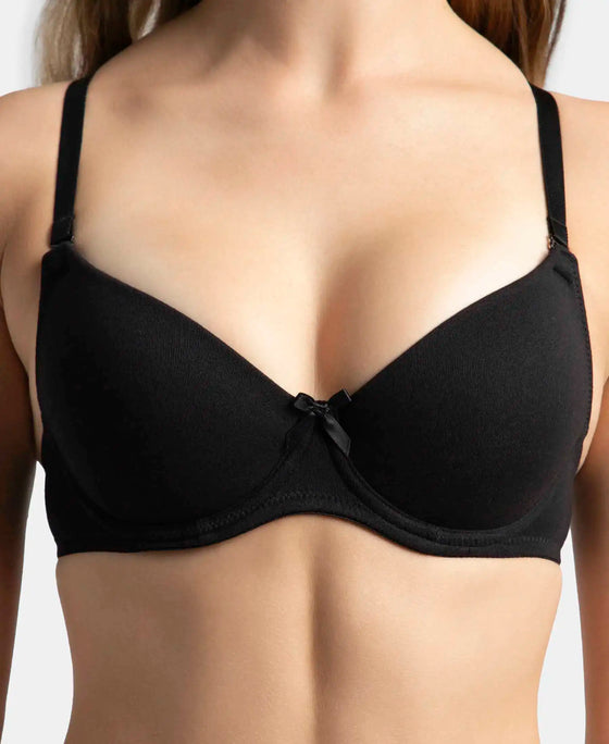 Under-Wired Padded Super Combed Cotton Elastane Stretch Medium Coverage T-Shirt Bra with Detachable Straps - Black-8