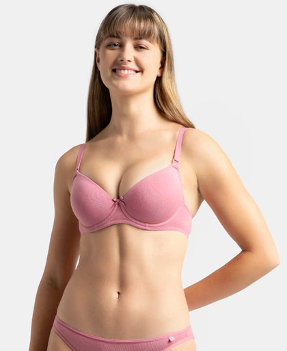 Under-Wired Padded Super Combed Cotton Elastane Stretch Medium Coverage T-Shirt Bra with Detachable Straps - Heather Rose-1