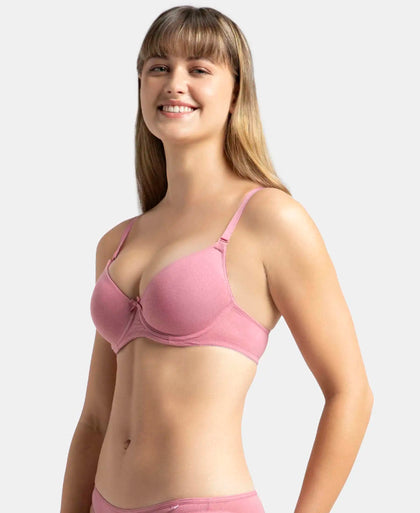 Under-Wired Padded Super Combed Cotton Elastane Stretch Medium Coverage T-Shirt Bra with Detachable Straps - Heather Rose-2