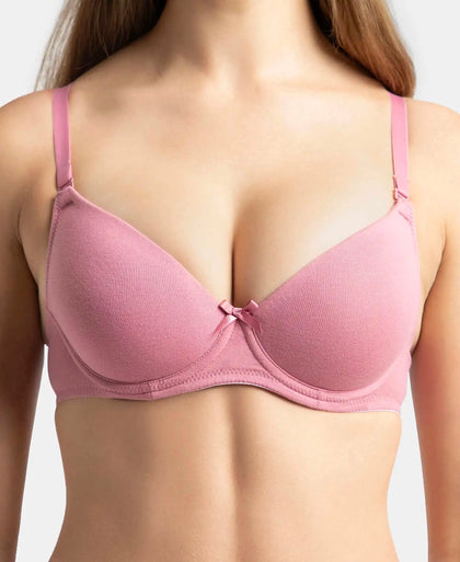 Under-Wired Padded Super Combed Cotton Elastane Stretch Medium Coverage T-Shirt Bra with Detachable Straps - Heather Rose-8