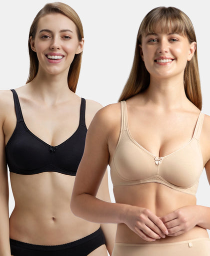 Pack of 2 Wirefree Non Padded Super Combed Cotton Elastane Stretch Full Coverage Everyday Bra with Contoured Shaper Panel and Adjustable Straps - Black & Skin