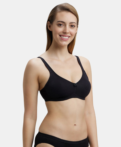 Pack of 2 Wirefree Non Padded Super Combed Cotton Elastane Stretch Full Coverage Everyday Bra with Contoured Shaper Panel and Adjustable Straps - Black & Skin