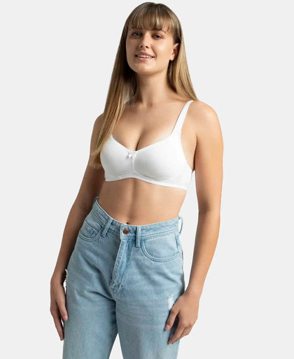 Wirefree Non Padded Super Combed Cotton Elastane Stretch Full Coverage Everyday Bra with Contoured Shaper Panel and Adjustable Straps - White-5