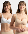 Pack of 2 Wirefree Non Padded Super Combed Cotton Elastane Stretch Full Coverage Everyday Bra with Contoured Shaper Panel and Adjustable Straps - White & Skin