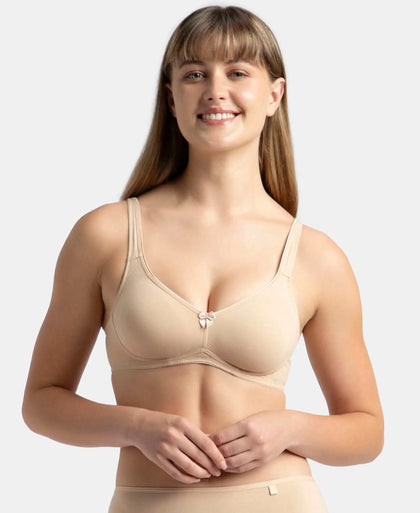 Wirefree Non Padded Super Combed Cotton Elastane Stretch Full Coverage Everyday Bra with Contoured Shaper Panel and Adjustable Straps - Skin-1