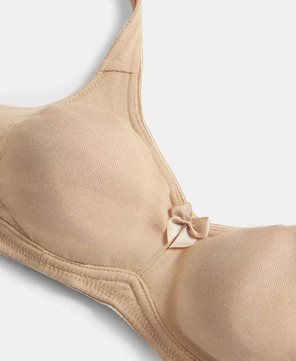 Wirefree Non Padded Plus Size Super Combed Cotton Elastane Stretch Full Coverage Everyday Bra with Contoured Shaper Panel and Adjustable Straps - Skin