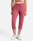 Super Combed Cotton Elastane Stretch Slim Fit Printed Capri with Side Pockets - Rosewine Print-1