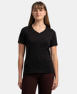 Super Combed Cotton Elastane Stretch Regular Fit Solid V Neck Half Sleeve T-Shirt - Black-1