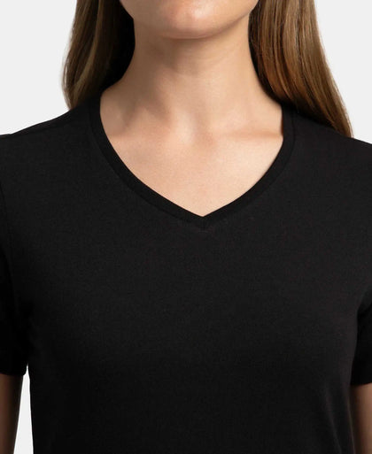 Super Combed Cotton Elastane Stretch Regular Fit Solid V Neck Half Sleeve T-Shirt - Black-6