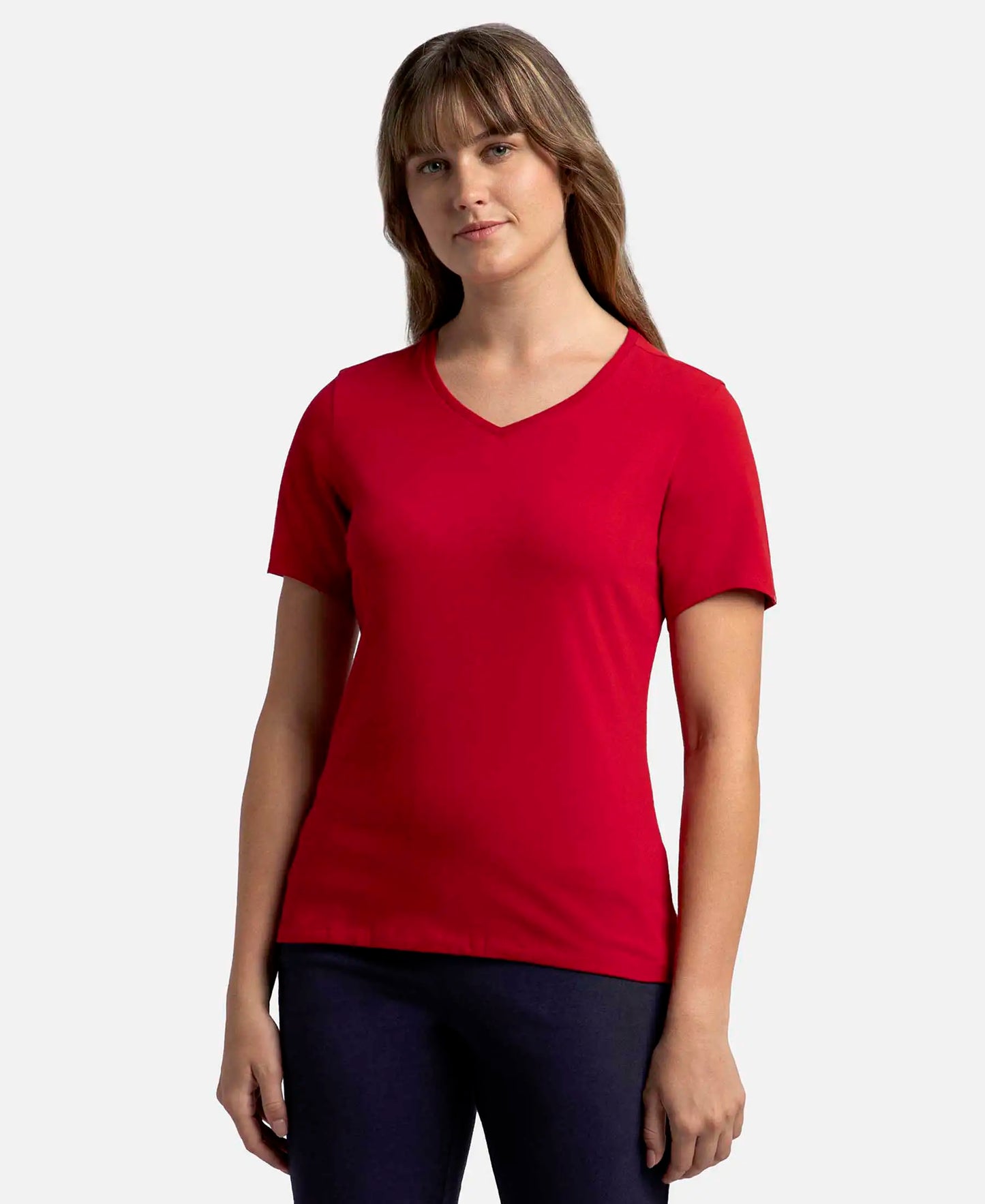 Super Combed Cotton Elastane Stretch Regular Fit Solid V Neck Half Sleeve T-Shirt - Jester Red-1