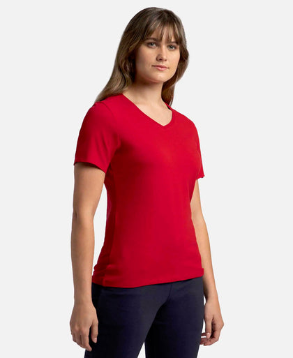 Super Combed Cotton Elastane Stretch Regular Fit Solid V Neck Half Sleeve T-Shirt - Jester Red-2