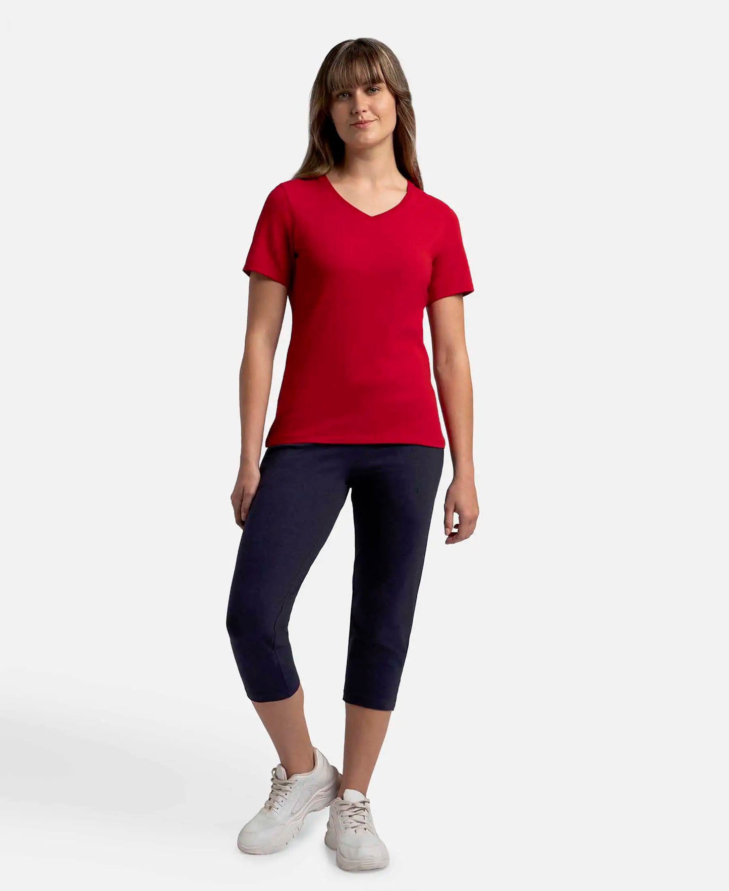 Super Combed Cotton Elastane Stretch Regular Fit Solid V Neck Half Sleeve T-Shirt - Jester Red-4