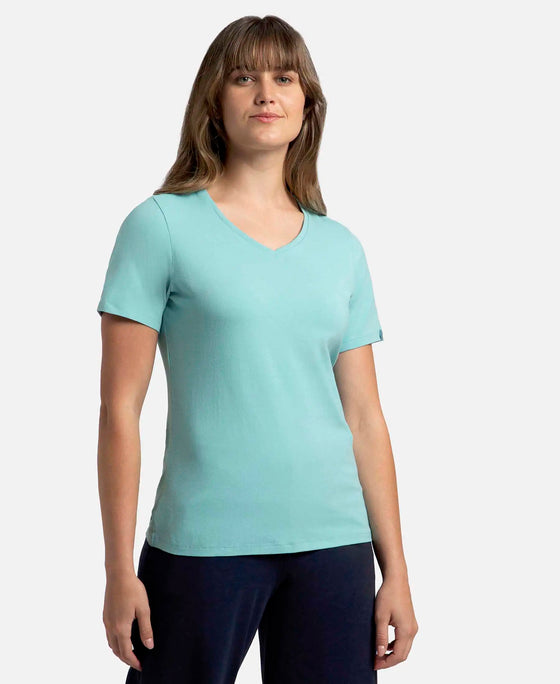 Super Combed Cotton Elastane Stretch Regular Fit Solid V Neck Half Sleeve T-Shirt - Nile Blue-2