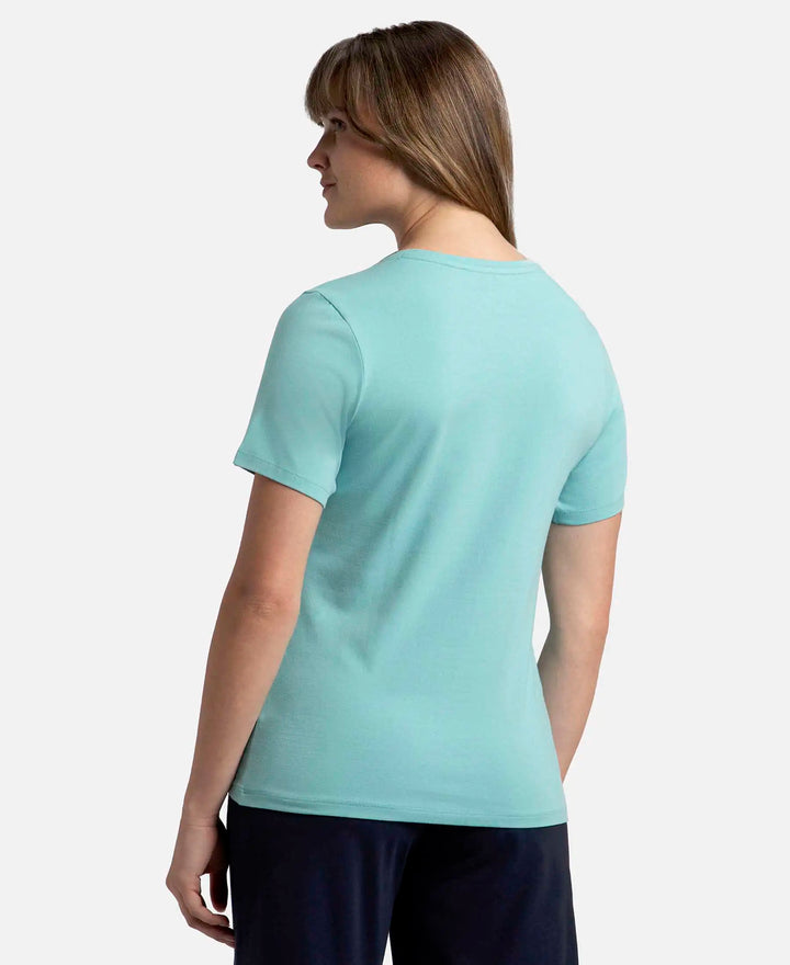 Super Combed Cotton Elastane Stretch Regular Fit Solid V Neck Half Sleeve T-Shirt - Nile Blue-3