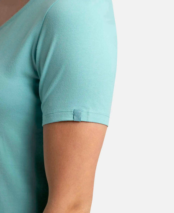 Super Combed Cotton Elastane Stretch Regular Fit Solid V Neck Half Sleeve T-Shirt - Nile Blue-8