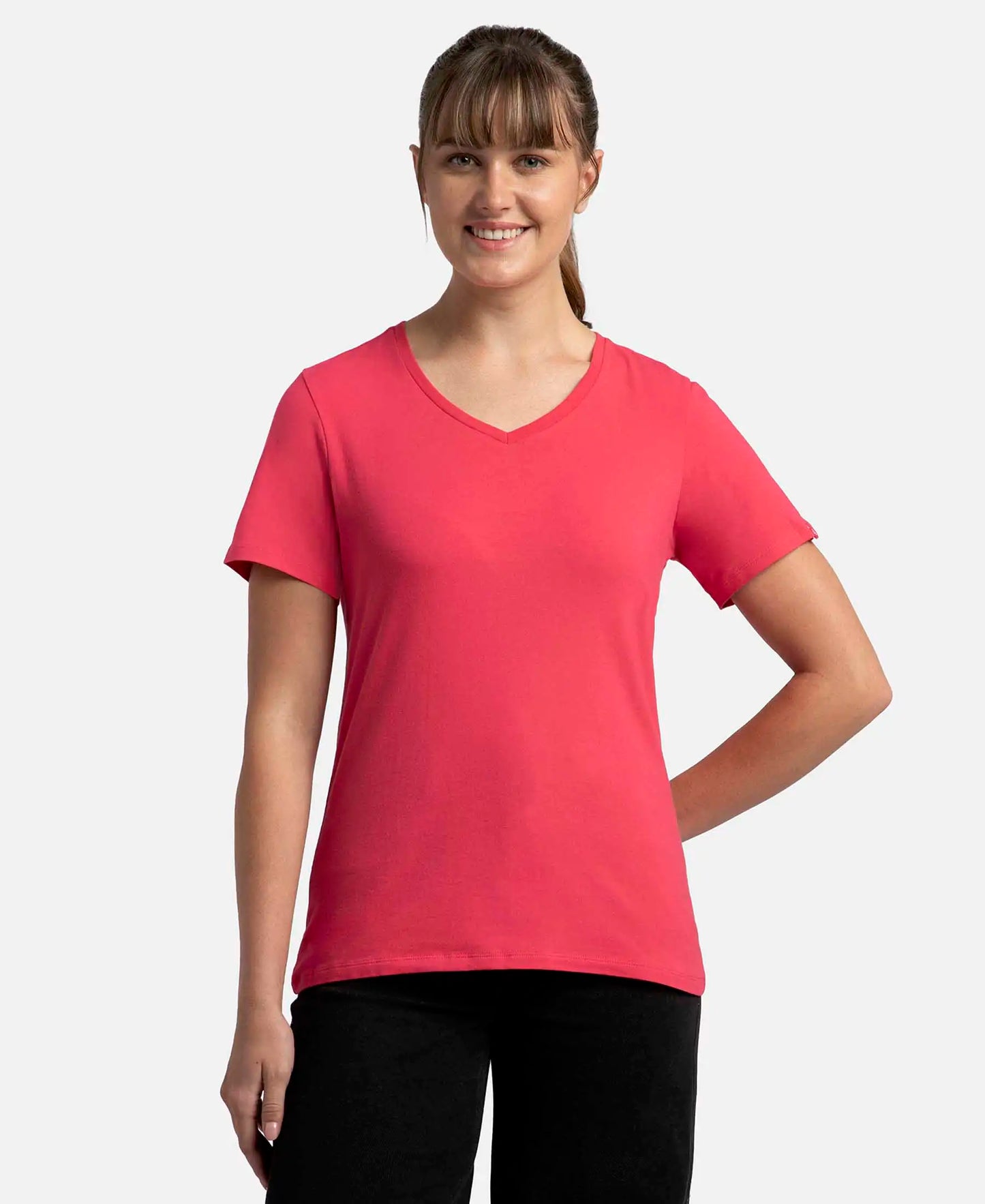 Super Combed Cotton Elastane Stretch Regular Fit Solid V Neck Half Sleeve T-Shirt - Ruby-1