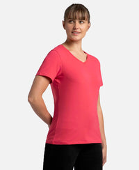 Super Combed Cotton Elastane Stretch Regular Fit Solid V Neck Half Sleeve T-Shirt - Ruby-2