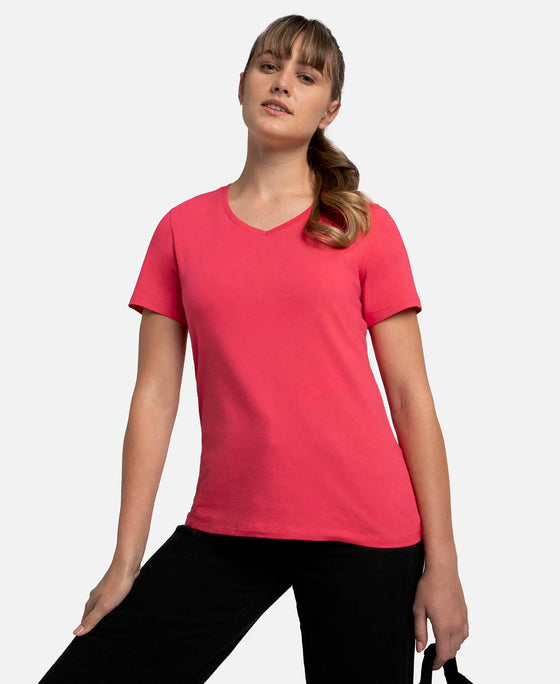 Super Combed Cotton Elastane Stretch Regular Fit Solid V Neck Half Sleeve T-Shirt - Ruby-5