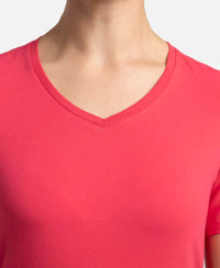 Super Combed Cotton Elastane Stretch Regular Fit Solid V Neck Half Sleeve T-Shirt - Ruby-7