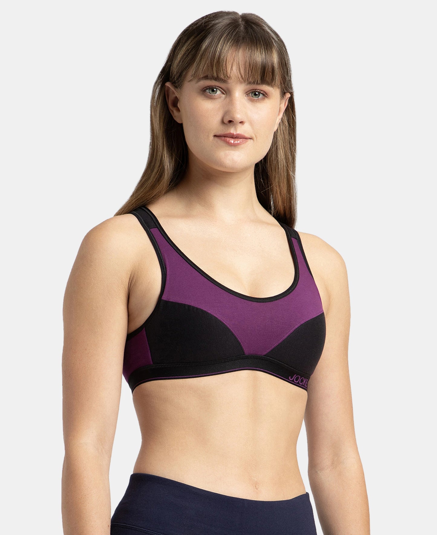 Wirefree Padded Super Combed Cotton Elastane Stretch Full Coverage Racer Back Active Bra with StayFresh and Moisture Move Treatment - Gloxinia & Black