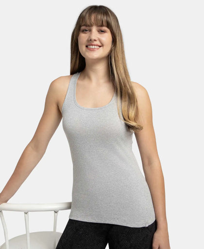 Super Combed Cotton Rib Fabric Slim Fit Solid Racerback Styled Tank Top - Light Grey Melange