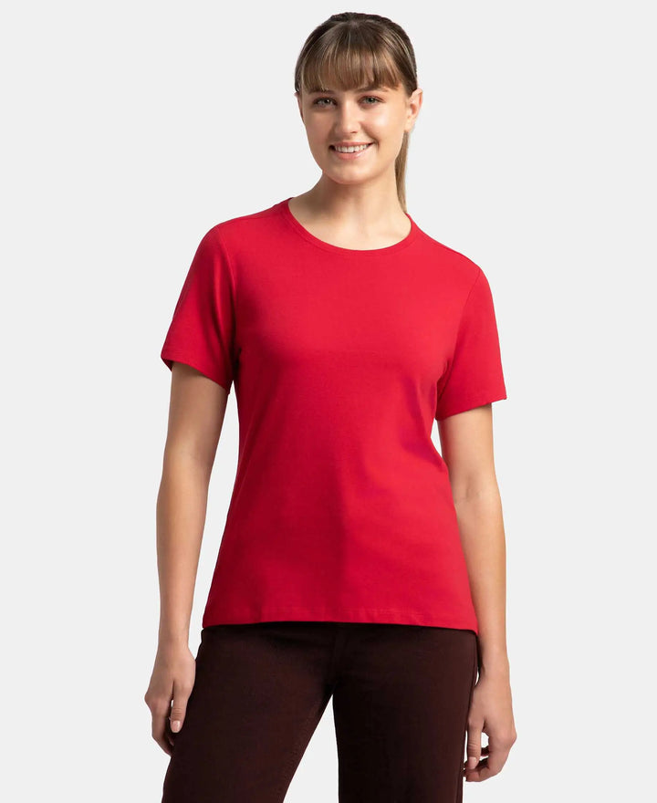 Super Combed Cotton Elastane Stretch Regular Fit Solid Round Neck Half Sleeve T-Shirt - Jester Red-1