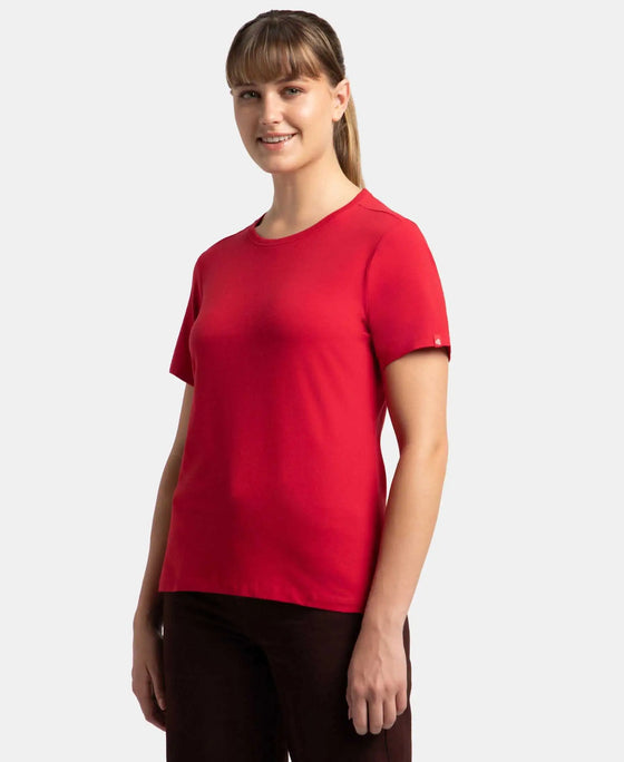 Super Combed Cotton Elastane Stretch Regular Fit Solid Round Neck Half Sleeve T-Shirt - Jester Red-2