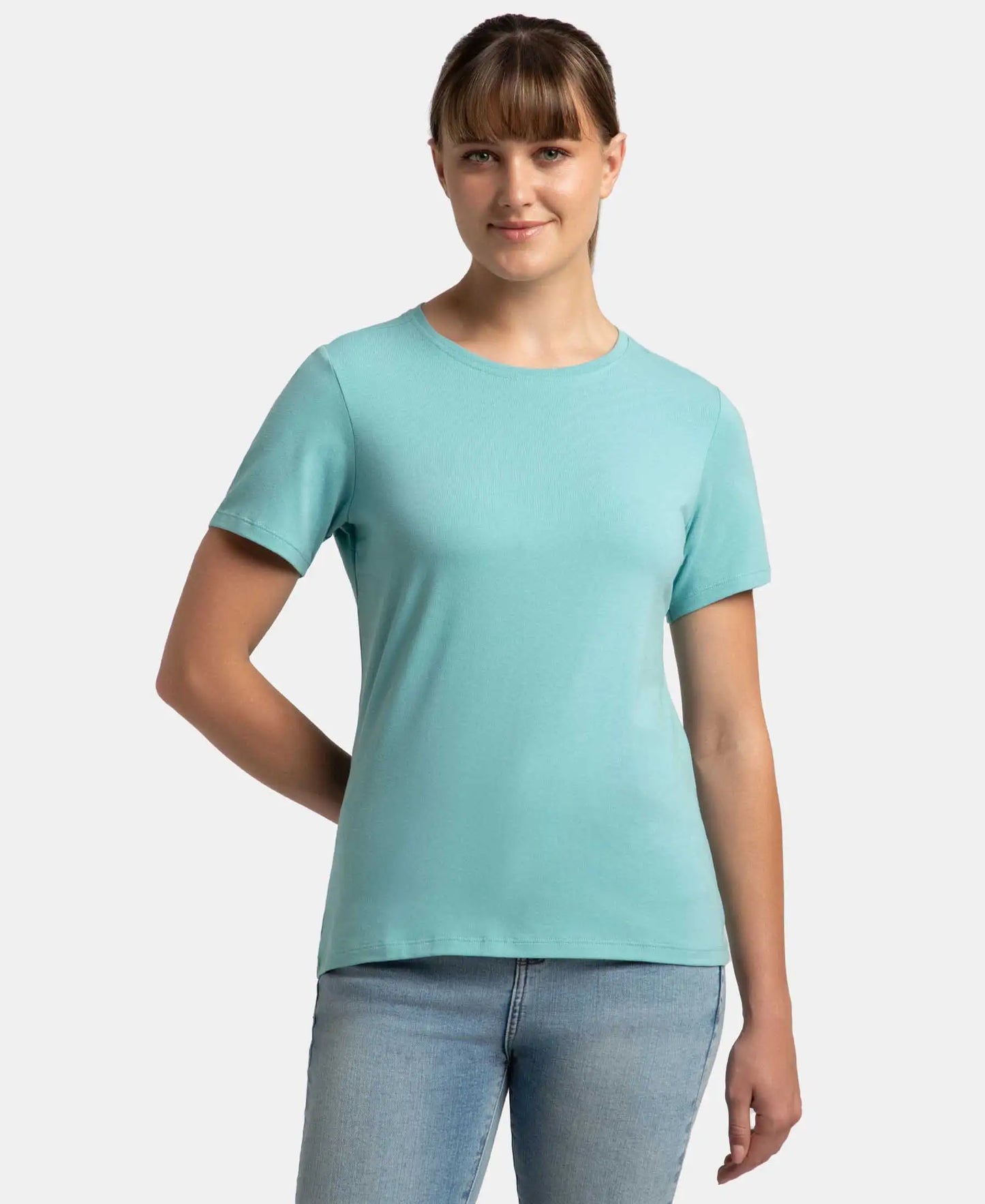 Super Combed Cotton Elastane Stretch Regular Fit Solid Round Neck Half Sleeve T-Shirt - Nile Blue-1