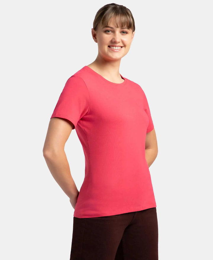 Super Combed Cotton Elastane Stretch Regular Fit Solid Round Neck Half Sleeve T-Shirt - Ruby-2