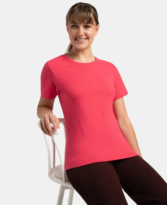 Super Combed Cotton Elastane Stretch Regular Fit Solid Round Neck Half Sleeve T-Shirt - Ruby-5