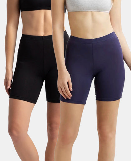 Pack of 2 High Coverage Super Combed Cotton Elastane Stretch Shorties With Concealed Waistband - Black & Classic Navy