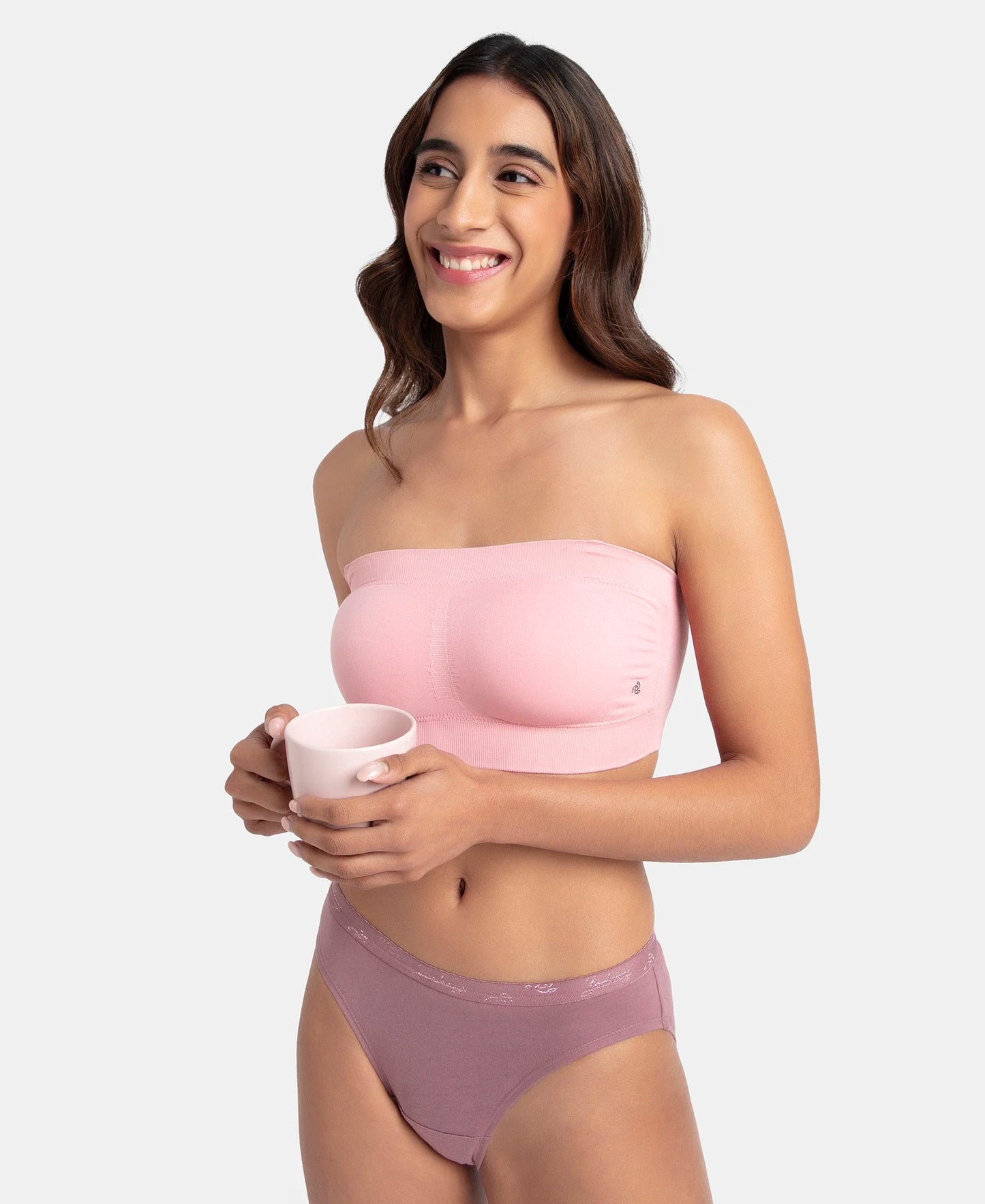 Wirefree Padded Micro Touch Nylon Elastane Stretch Bandeau Bra with Removable Pads and Detachable Transparent Straps - Crush N Blush