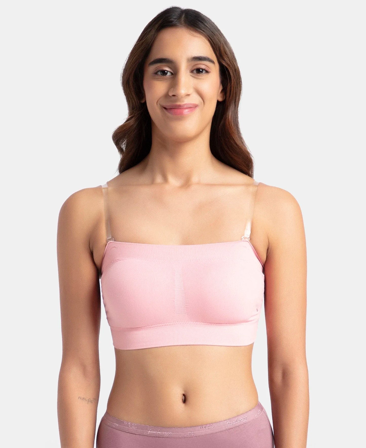 Wirefree Padded Micro Touch Nylon Elastane Stretch Bandeau Bra with Removable Pads and Detachable Transparent Straps - Crush N Blush