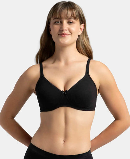 Pack of 2 Wirefree Non Padded Super Combed Cotton Elastane Stretch Medium Coverage Everyday Bra with Concealed Shaper Panel - Black & Skin