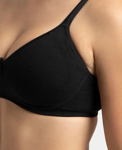 Pack of 2 Wirefree Non Padded Super Combed Cotton Elastane Stretch Medium Coverage Everyday Bra with Concealed Shaper Panel - Black & Skin