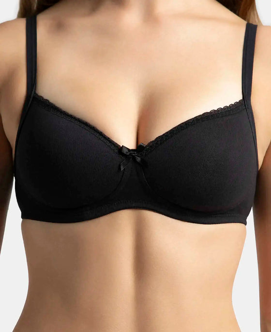 Pack of 2 Wirefree Padded Super Combed Cotton Elastane Stretch Medium Coverage T-Shirt Bra with Lace Styling - Black & Light Skin