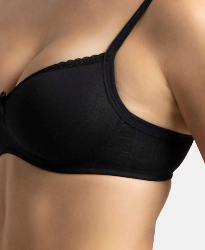 Pack of 2 Wirefree Padded Super Combed Cotton Elastane Stretch Medium Coverage T-Shirt Bra with Lace Styling - Black & Light Skin
