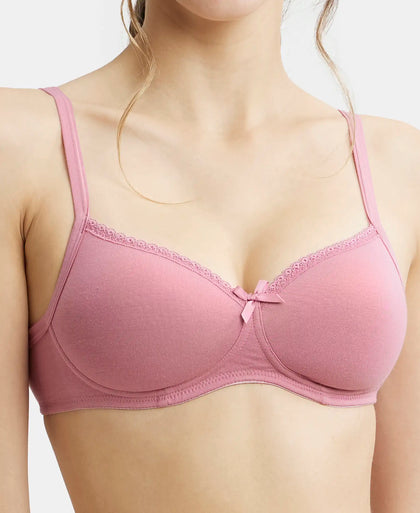 Wirefree Padded Super Combed Cotton Elastane Medium Coverage T-Shirt Bra with Lace Styling - Heather Rose-7