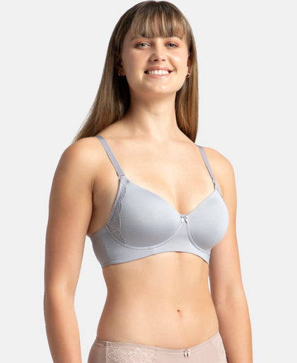 Wirefree Padded Soft Touch Microfiber Elastane Stretch Full Coverage T-Shirt Bra with Lace Styling - Lilac Grey