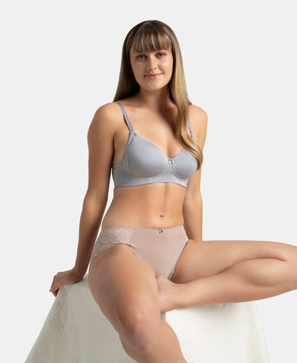 Wirefree Padded Soft Touch Microfiber Elastane Stretch Full Coverage T-Shirt Bra with Lace Styling - Lilac Grey