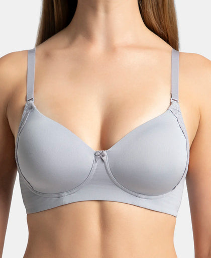 Wirefree Padded Soft Touch Microfiber Elastane Stretch Full Coverage T-Shirt Bra with Lace Styling - Lilac Grey