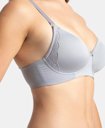 Wirefree Padded Soft Touch Microfiber Elastane Stretch Full Coverage T-Shirt Bra with Lace Styling - Lilac Grey