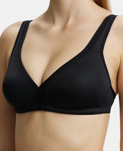 Wirefree Non Padded Soft Touch Microfiber Elastane Full Coverage Everyday Bra with Stylised Mesh Panel - Black-7