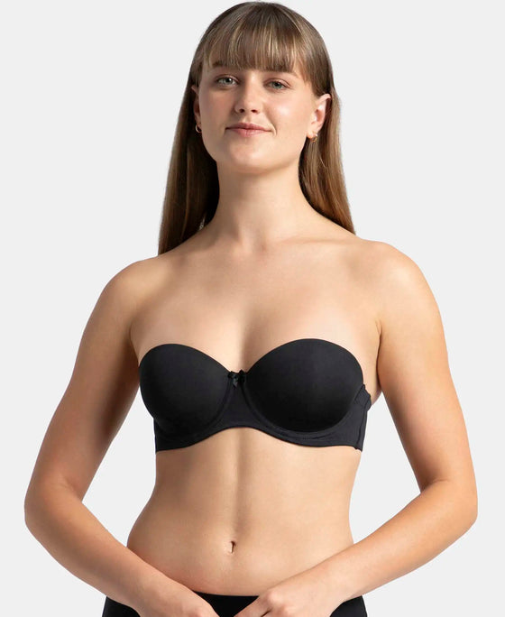 Under-Wired Padded Soft Touch Microfiber Elastane Stretch Full Coverage Strapless Bra with Ultra-Grip Support Band - Black