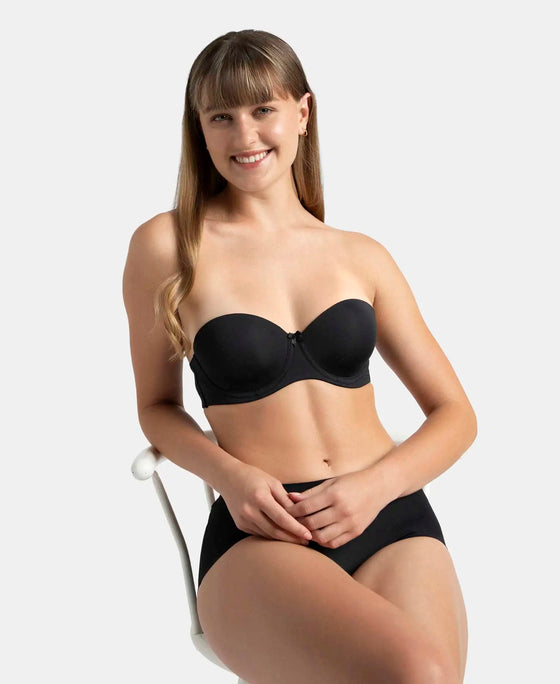 Under-Wired Padded Soft Touch Microfiber Elastane Stretch Full Coverage Strapless Bra with Ultra-Grip Support Band - Black