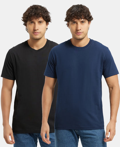 Pack of 2 Super Combed Cotton Rich Round Neck Half Sleeve T-Shirt - Navy & Black