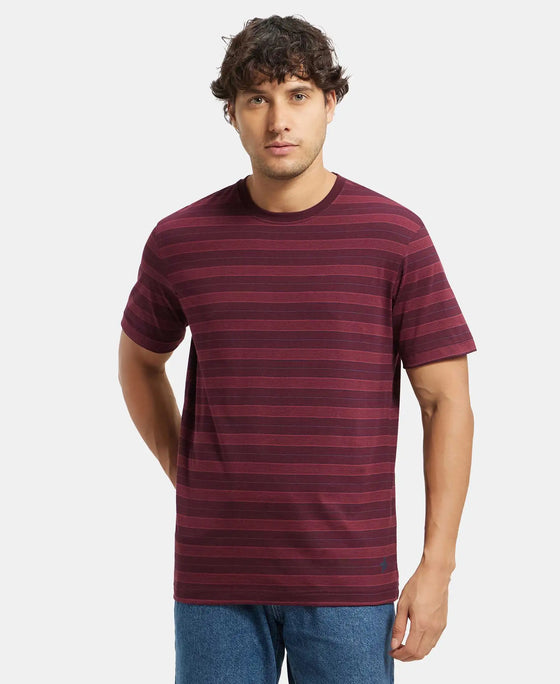 Super Combed Cotton Rich Striped Round Neck Half Sleeve T-Shirt - Mauve Wine & Burgundy & Navy-1