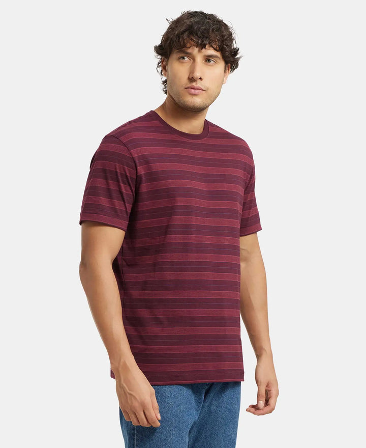 Super Combed Cotton Rich Striped Round Neck Half Sleeve T-Shirt - Mauve Wine & Burgundy & Navy-2