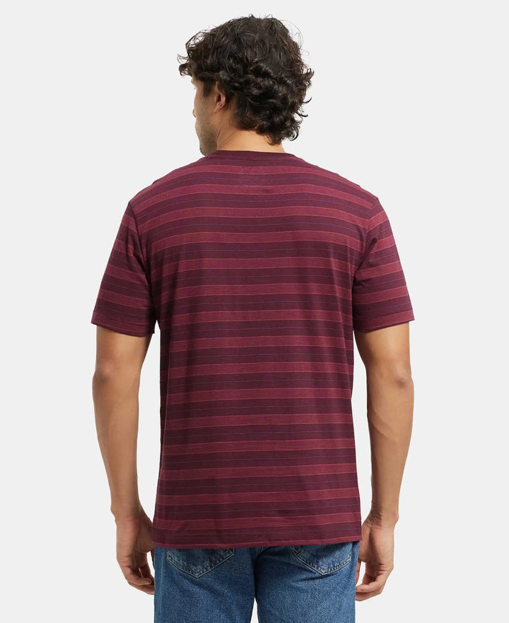 Super Combed Cotton Rich Striped Round Neck Half Sleeve T-Shirt - Mauve Wine & Burgundy & Navy-3