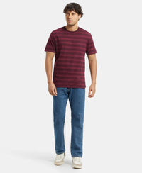 Super Combed Cotton Rich Striped Round Neck Half Sleeve T-Shirt - Mauve Wine & Burgundy & Navy-4